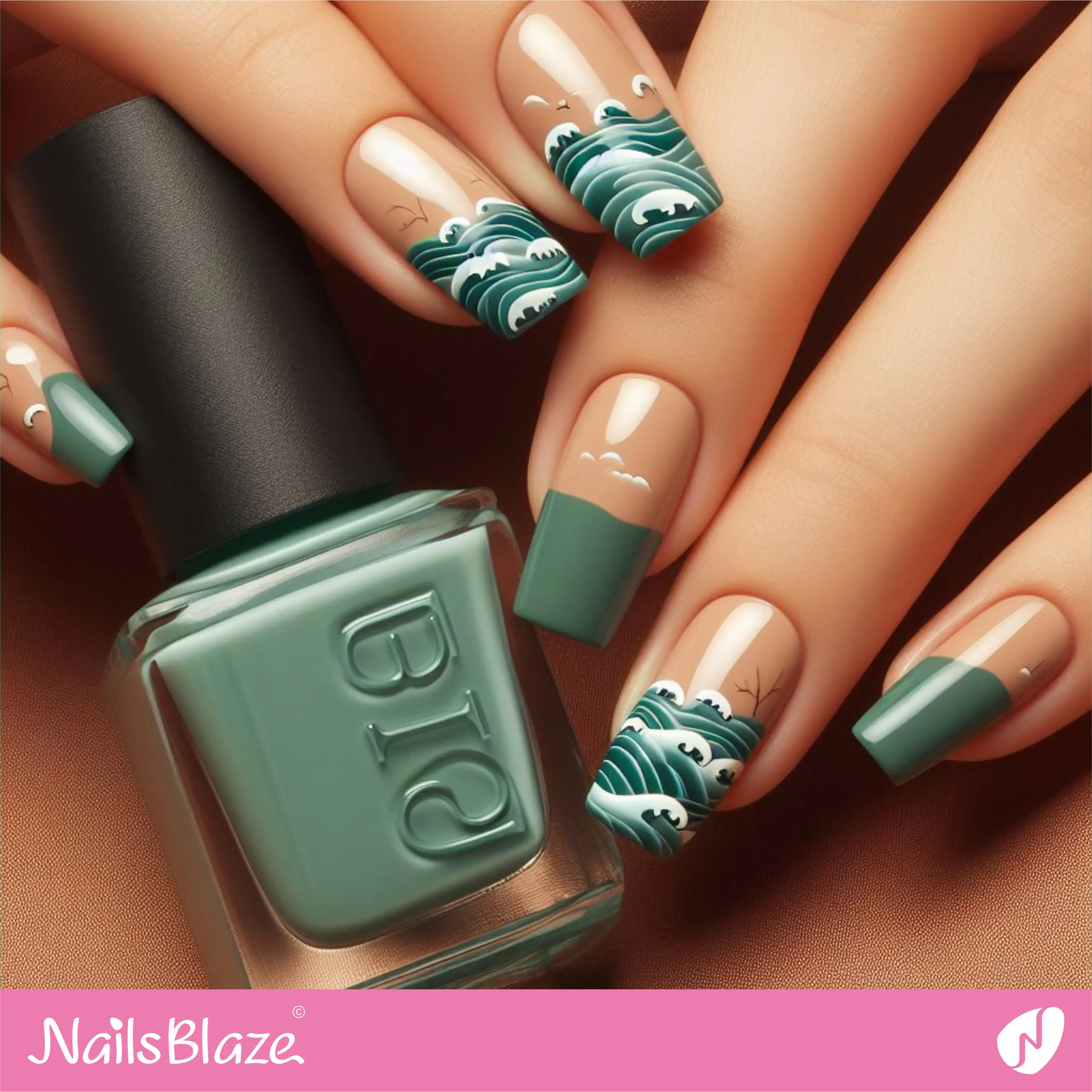 Green Ocean Color French Nails with Waves Design | Save the Ocean Nails - NB3283
